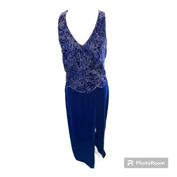 Cline New York Vintage Blue Velvet Embroidered Floral Bodice Formal Prom  Dress